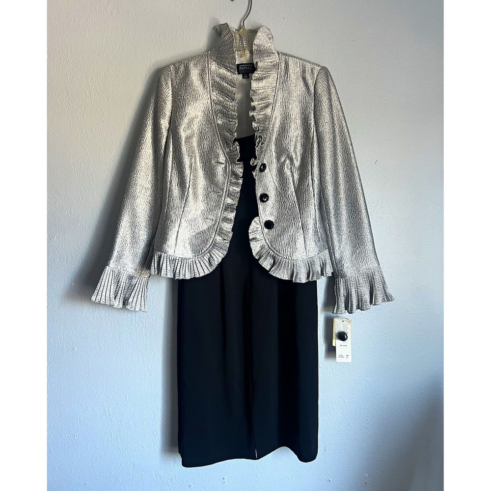 Adrianna Papell Silver Bolero Black Dress Set Size 4 NWT Y2K Evening Formal
